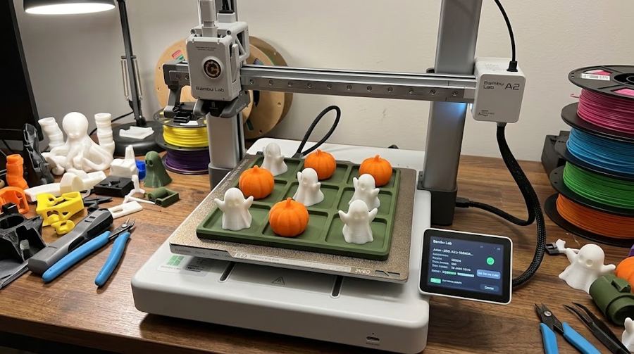 La impresora 3D terminando un tres en raya de fantasmas y calabazas, rodeada de bobinas de colores